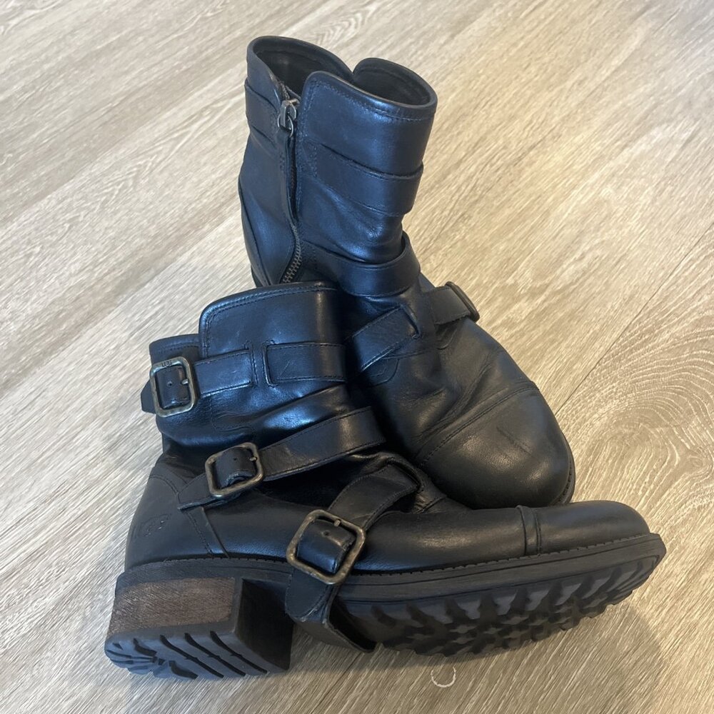 UGG Black Leather Buckle Moto Biker Boots Women US 9 EU 40